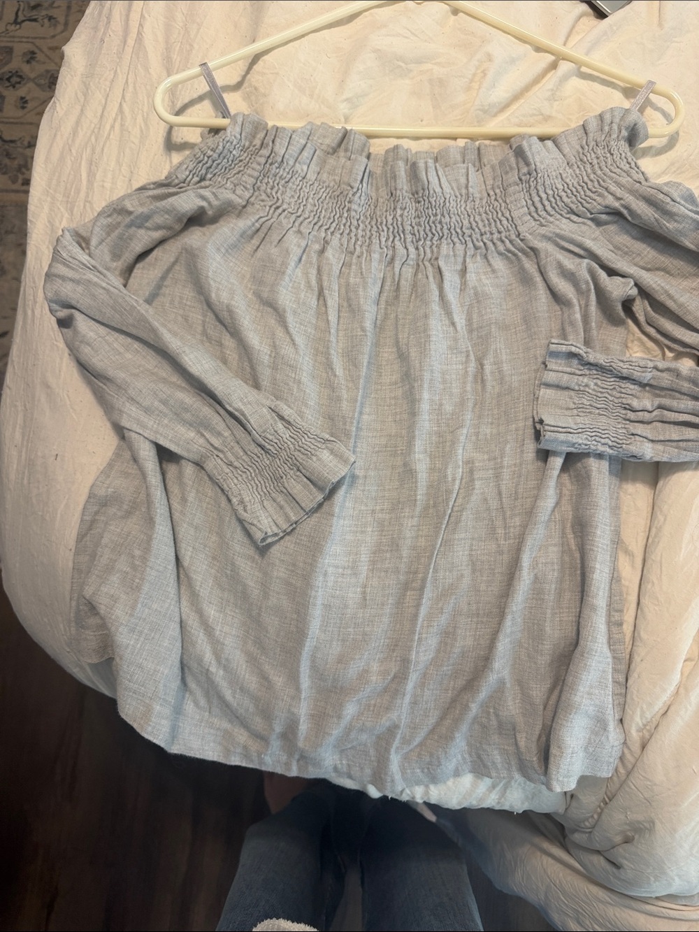 LOFT Light Blue Off-the-Shoulder Smocked Blouse